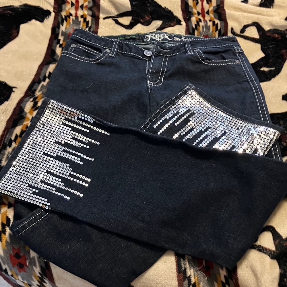 Stylish Women's Dark Blue Jeans with Silver Embellishments